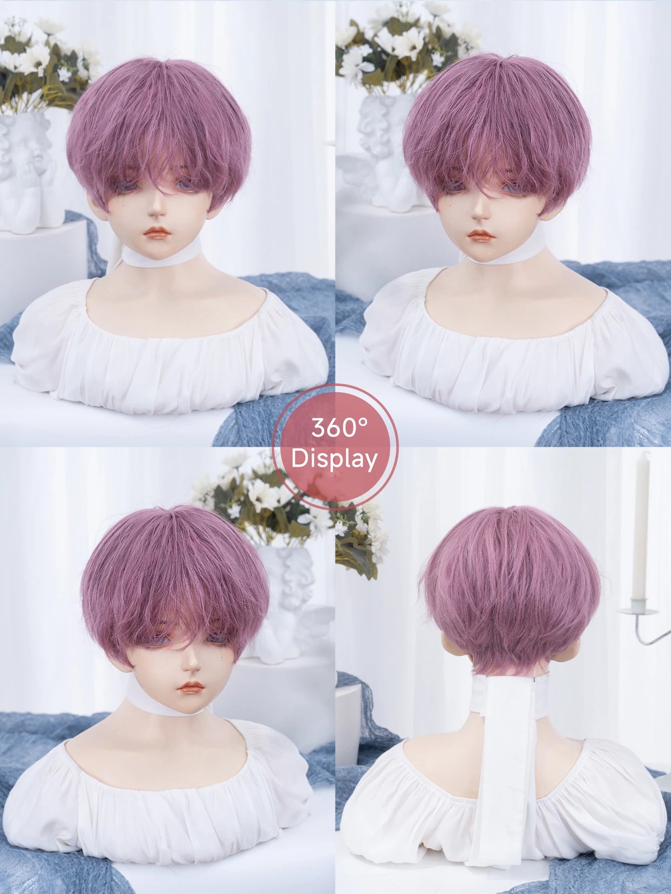 Ihomed 8Inch Purple Pink Color Handsome Synthetic Wigs With Bang Short Straight Hair Wig For Man or Women Daily Cosplay Heat Resistant