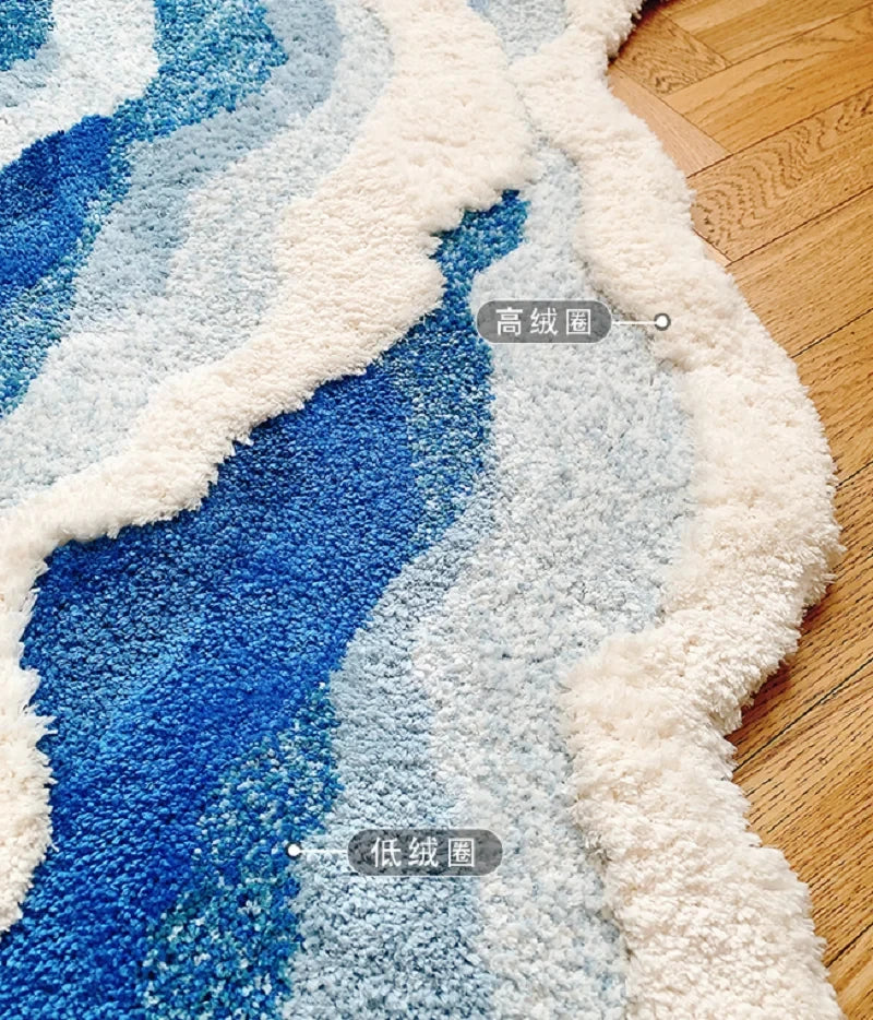 Ihomed Blue Sea Pattern Tufted Rug Flocking Carpet Aesthetic Home Pad Funny Japanese Style Tufting Rug Cute Floor Pad Anti Slip Doormat