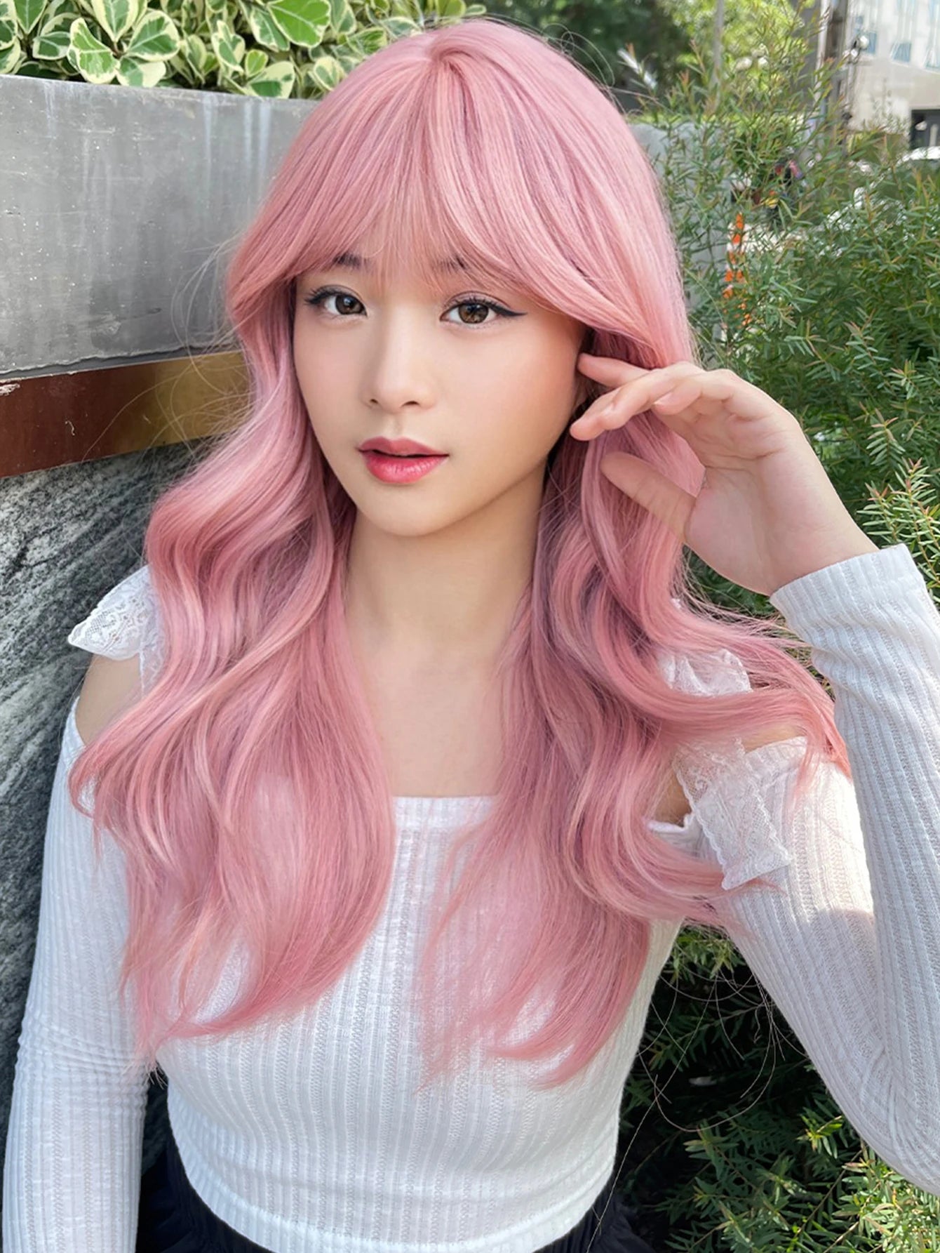 Ihomed 20Inch Peachy Pink Pretty Lolita Synthetic Wigs with Bang Medium Natural Wavy Hair for Women Daily Use Cosplay Heat Resistant