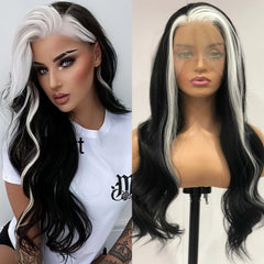 Ihomed Black White Highlight Wig Synthetic Lace Front Wig Long Curly Natural Wavy Colored Body Wave 13X4 Lace Frontal Wigs for Women