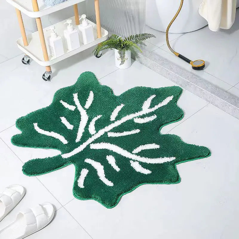 Ihomed  Red Green Maple Leaf Design 70x70cm Rug Bathroom Bedroom Living Room Bedside Carpet Non-Slip Cute Cartoon Floor Mat