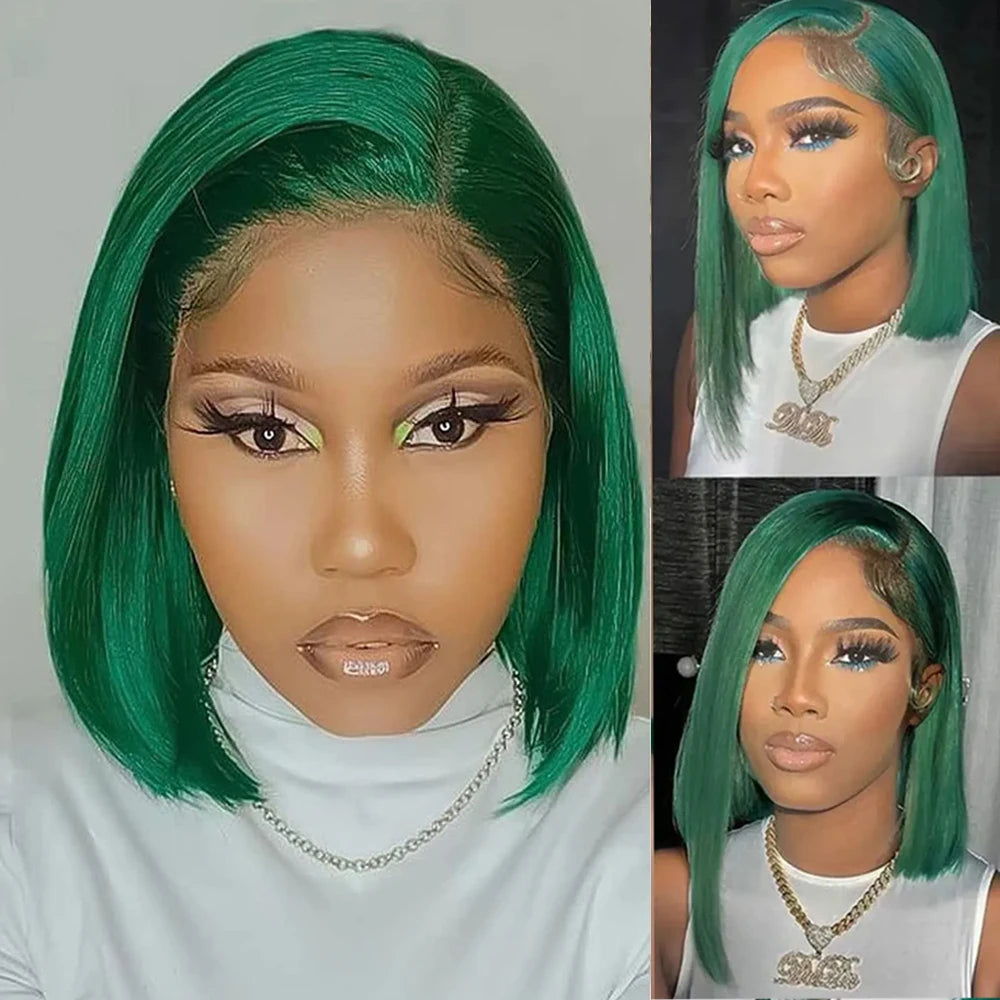 Ihomed Short Bob Dark Green Straight Human Hair Wigs For Women Colored Brazilian Remy Hair 13x4 Transparent  Lace Wigs 200% Density