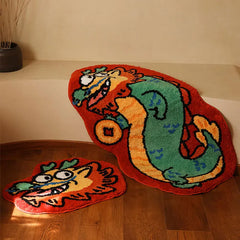 Ihomed New Tufted Bedroom Bedside Rugs Lucky Dragon Design Style Flocked Rug Red Festive Carpet as a Gift for Friends