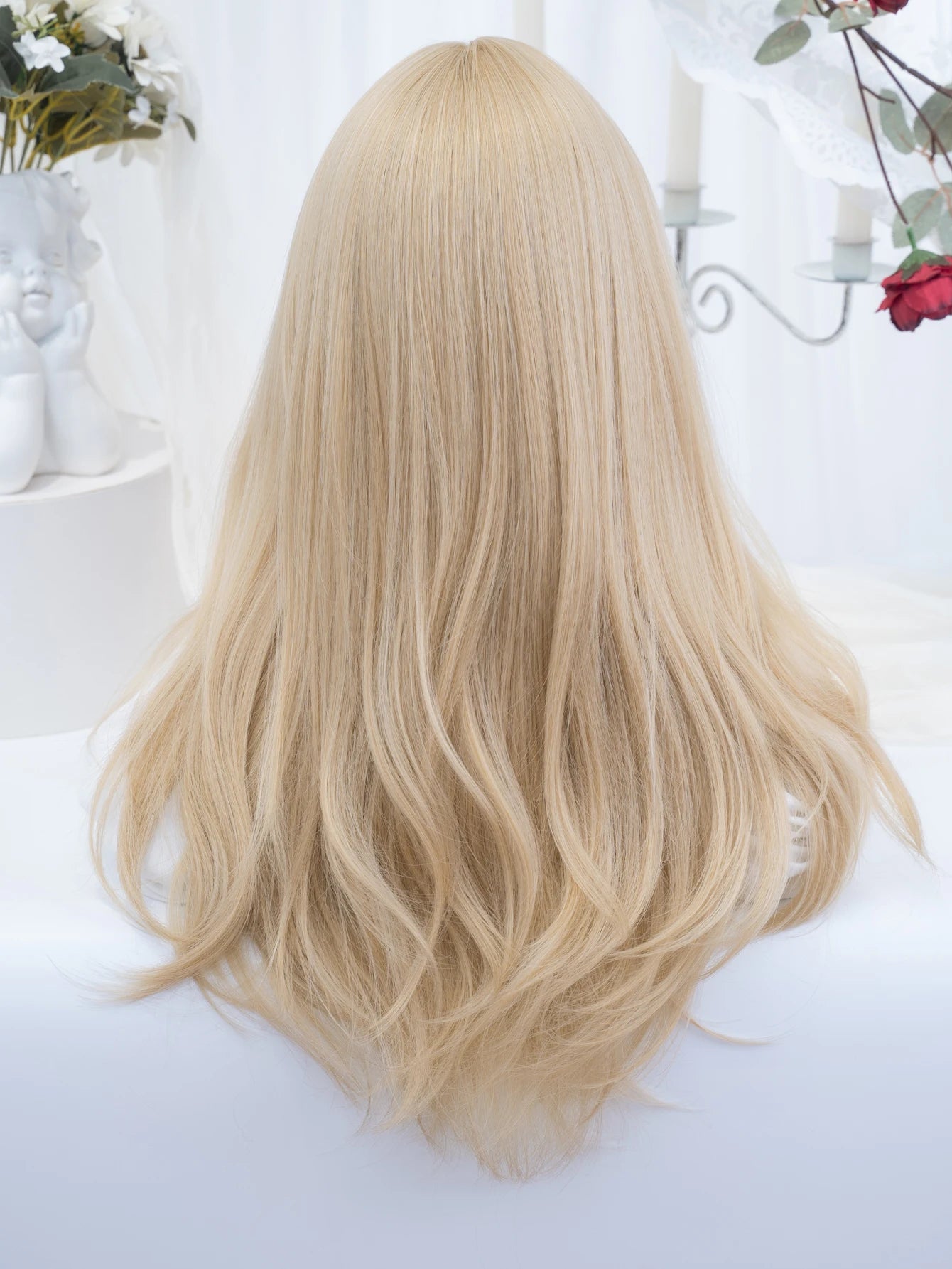 Ihomed 24Inch Blonde Lolita Style Synthetic Wigs With Bangs Long Natural Wavy Hair Wig for Women Daily Use Cosplay Party Heat Resistant