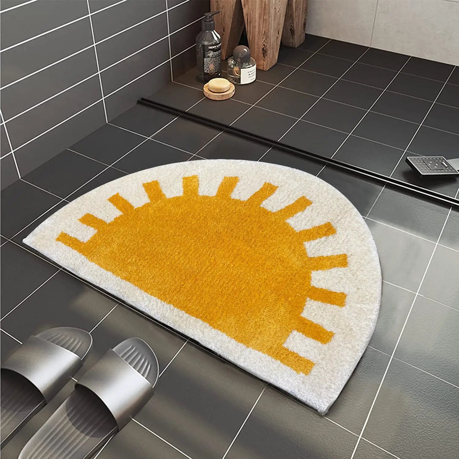 Ihomed Bright Sunshine Bath Mat Soft Flannel Half Round Bathroom Rug Absorbent Non-slip Bath Mat Machine Washable Bed Bathroom Carpet