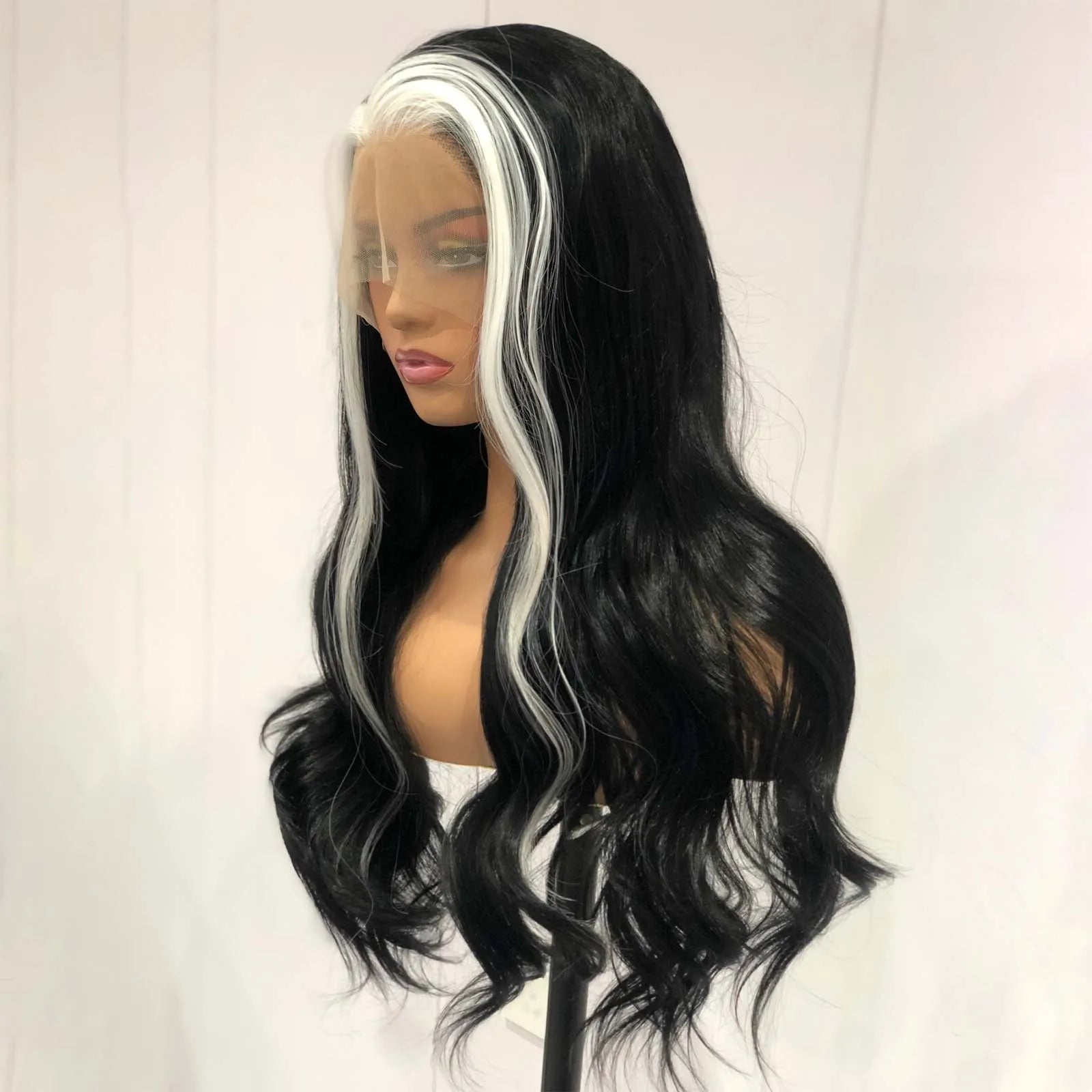 Ihomed Black White Highlight Wig Synthetic Lace Front Wig Long Curly Natural Wavy Colored Body Wave 13X4 Lace Frontal Wigs for Women