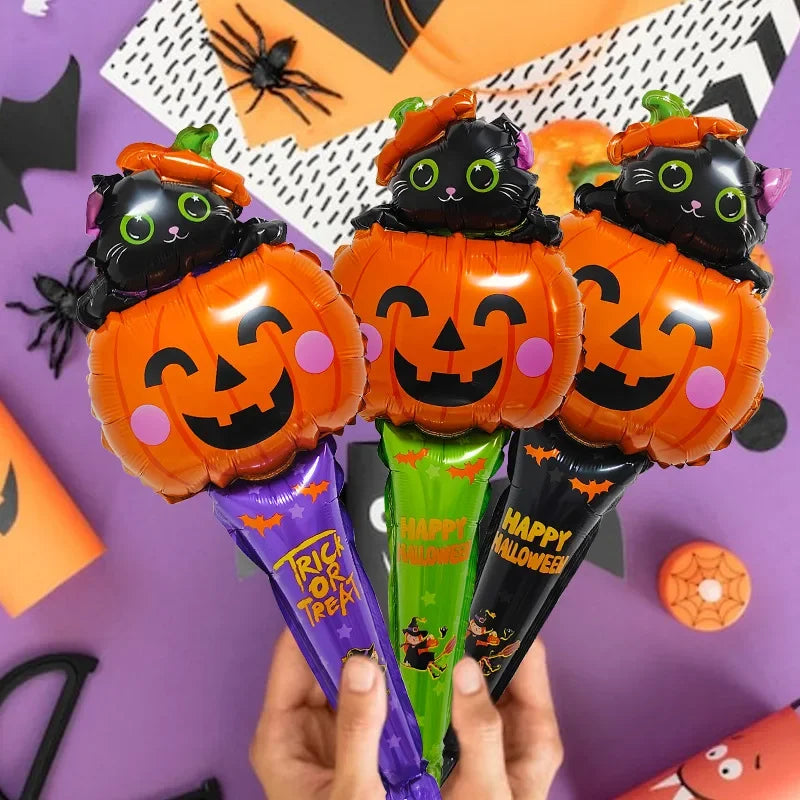 Ihomed 10/30pcs Halloween Balloon Stick Witch Pumpkin Cat Ghost Balloons Sticks Halloween Party Decoration Supplies Globos Kids Toys