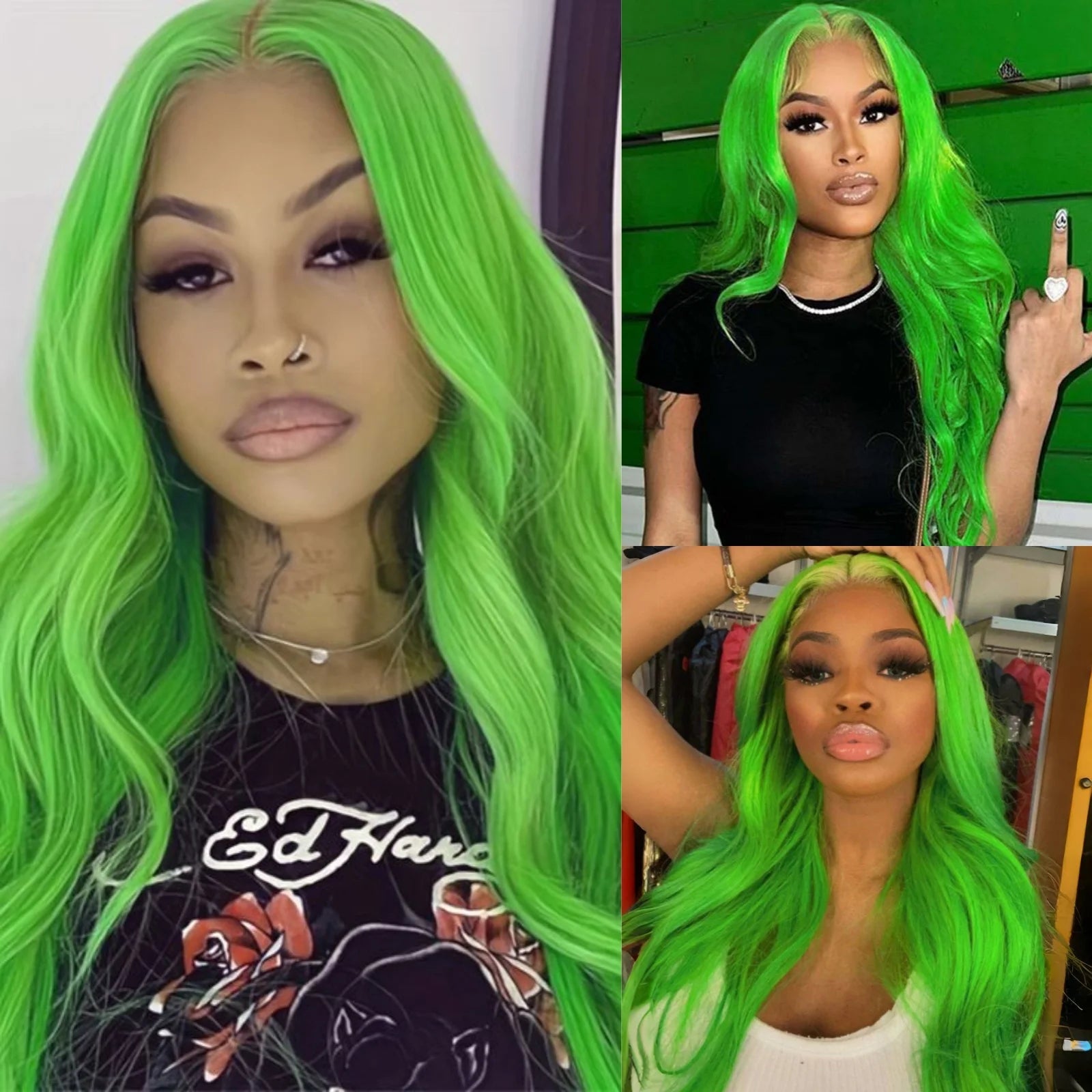 Ihomed Long Curly Wavy Neon Green 13x4 Lace Front Wigs for Women Synthetic Hair Loose Body Wave Frontal Cosplay Party Colored Wigs