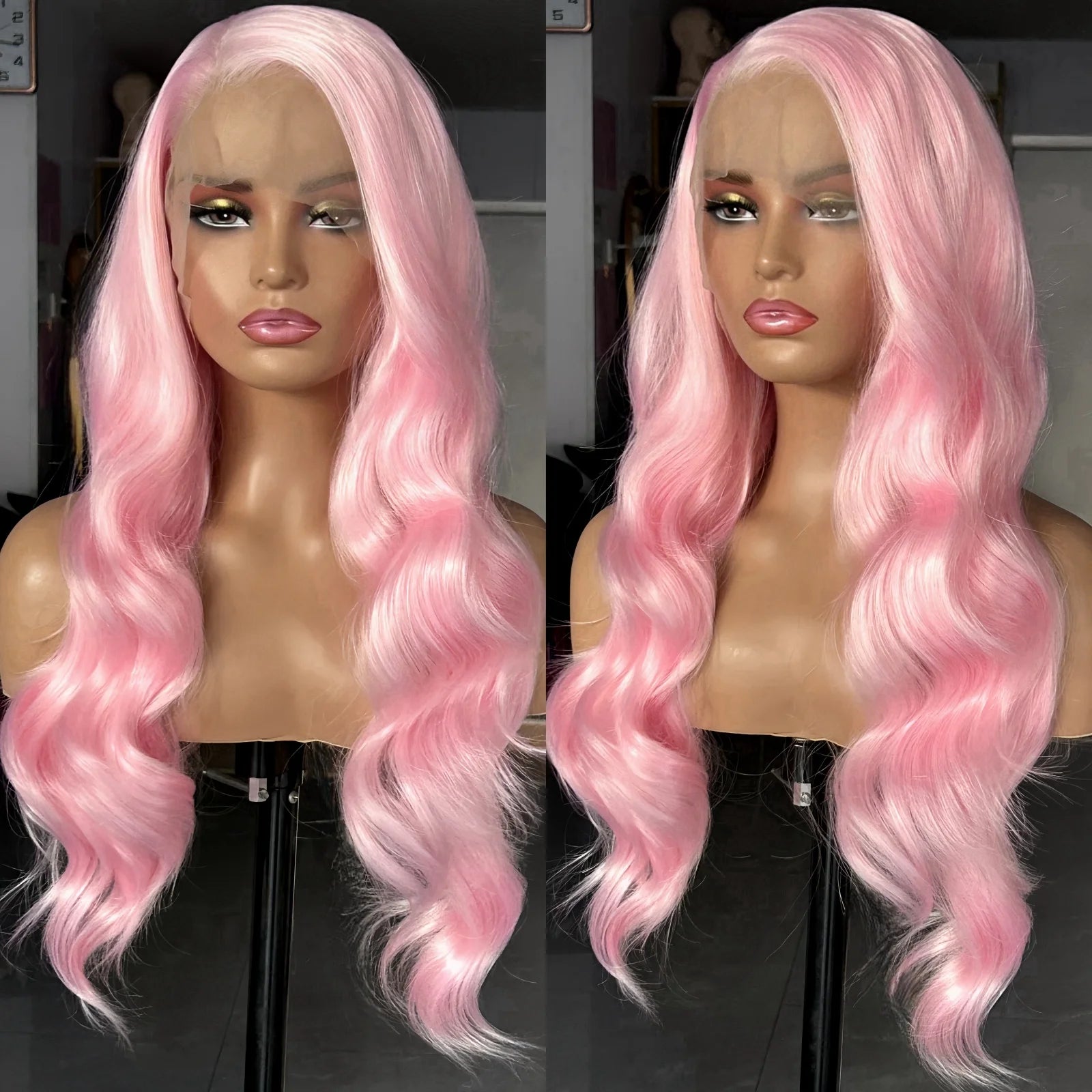 Ihomed Long Wavy Hair Light Pink Synthetic Lace Front Wig Natural Loose Body Wave Frontal Pastel Pink Colored 13X4 Curly Wigs for Women