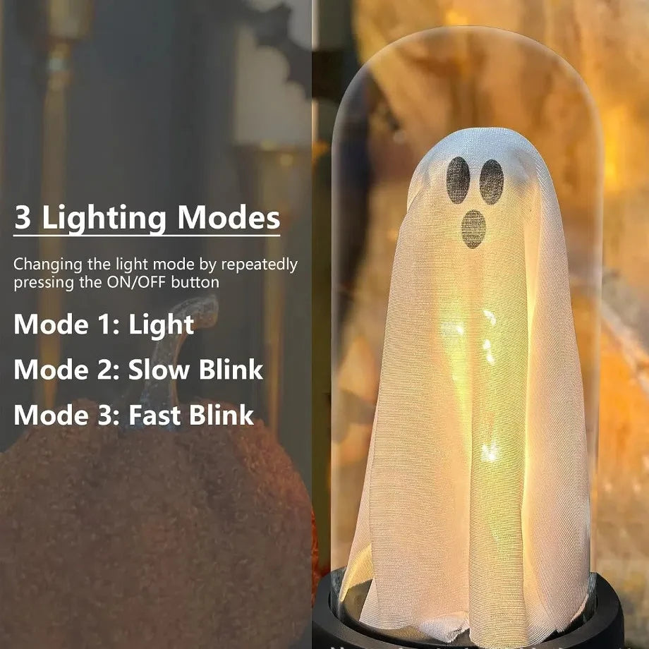 Ihomed Cute Ghost Halloween Lamp Plastic Light Up Ghost in Glass Cloche Halloween Decoration Lights Props Mantel Tabletop Decor