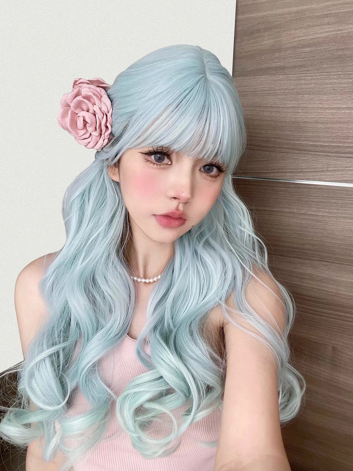 Ihomed 24Inch Sky Blue Refreshing Lolita Synthetic Wigs With Bang Long Natural Wavy Hair Wig For Women Daily Cosplay Heat Resistant