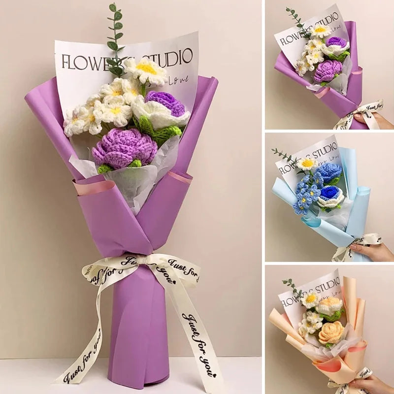 Ihomed DIY Finished Knitted Flowers Bouquets Kit Mother's Day Gift Crochet Bouquet Creative Artificial Flowers Birthday Handmade Gift