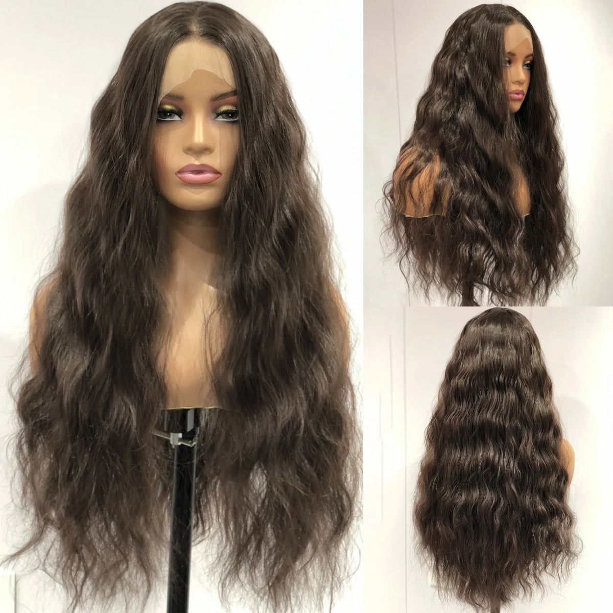 Ihomed Dark Brown Wig Natural Wavy Synthetic Hair 13X4 Lace Front Wig Brunette Colored Deep Wave Long Curly Hair Frontal Wigs for Women