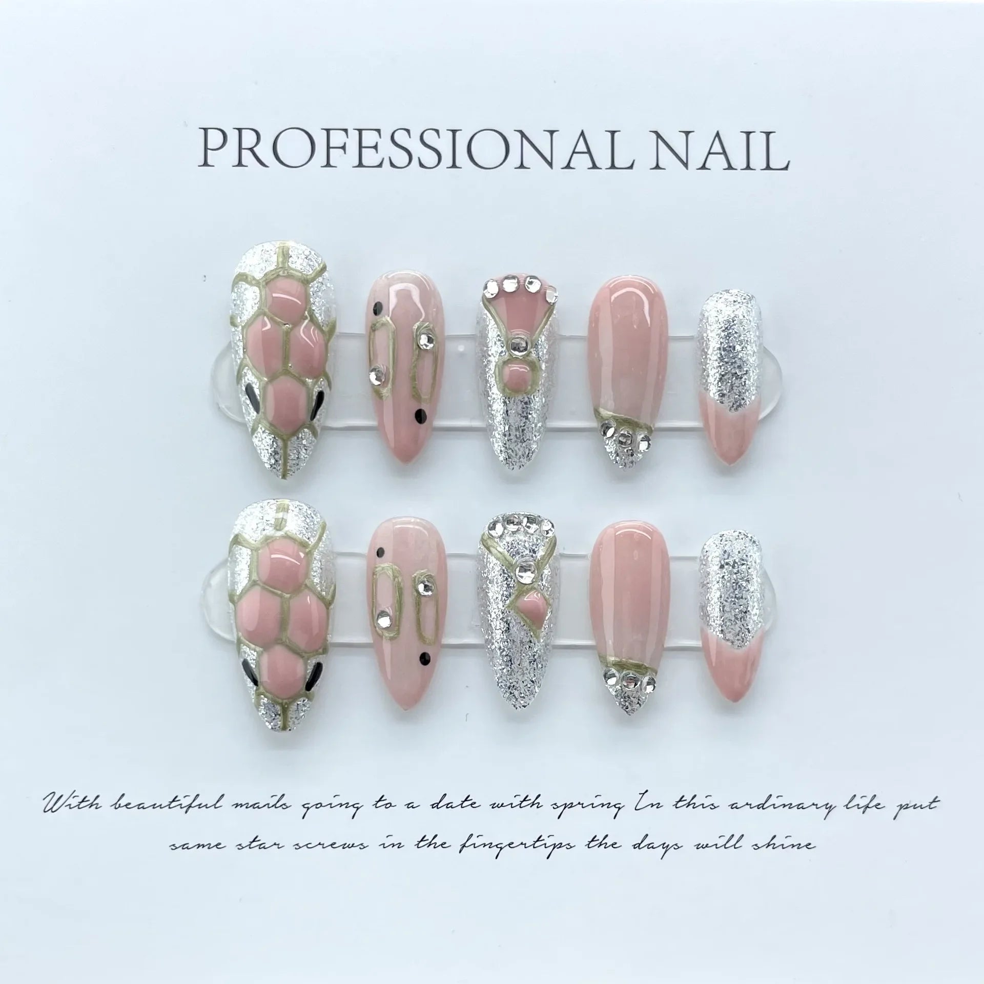 Ihomed 10Pcs Camellia Handmade Almond Press On Nails Ballerina with Rhinestones Wearable False Nails Decoration Fake Nails Tips Art