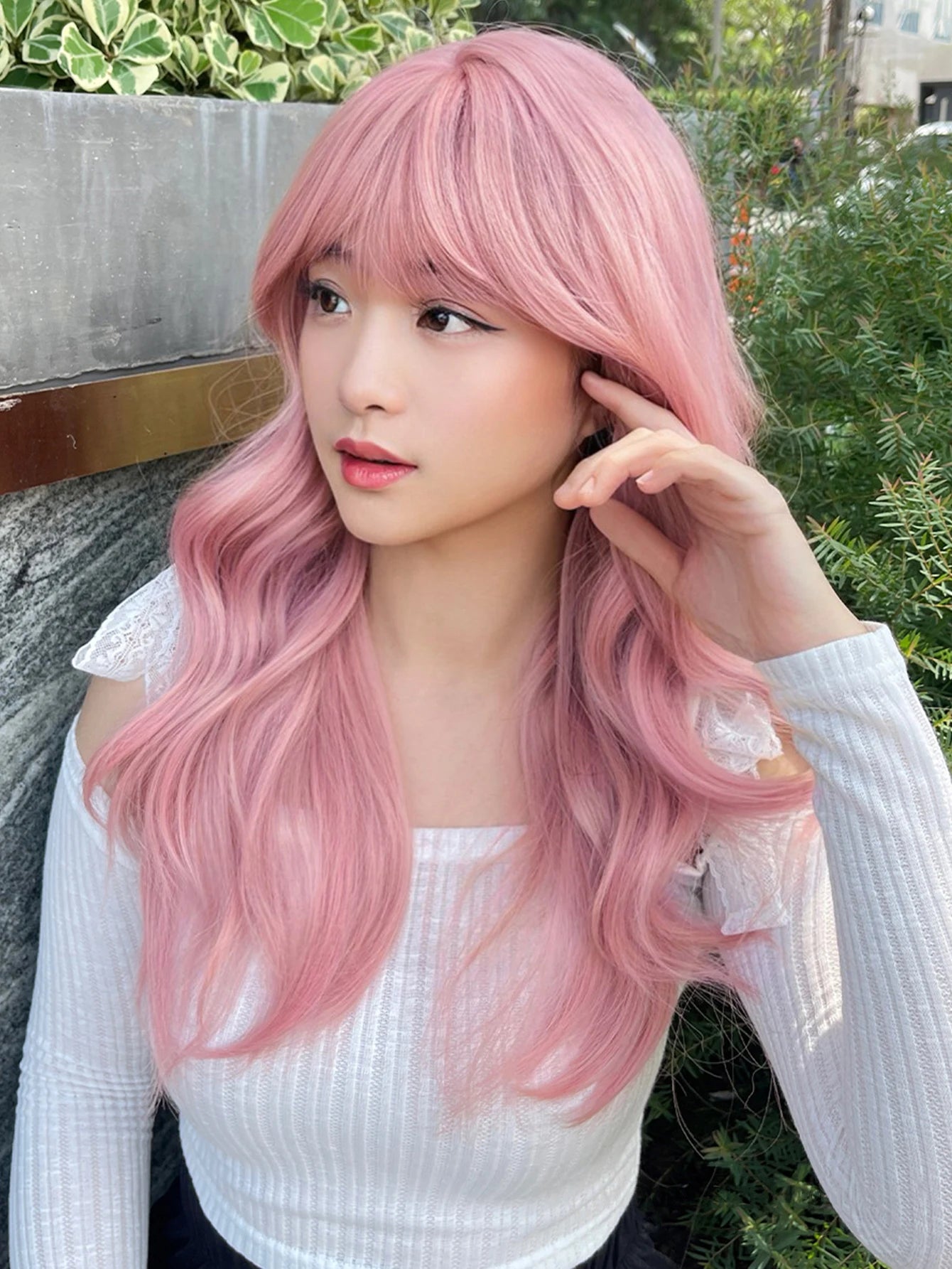 Ihomed 20Inch Peachy Pink Pretty Lolita Synthetic Wigs with Bang Medium Natural Wavy Hair for Women Daily Use Cosplay Heat Resistant