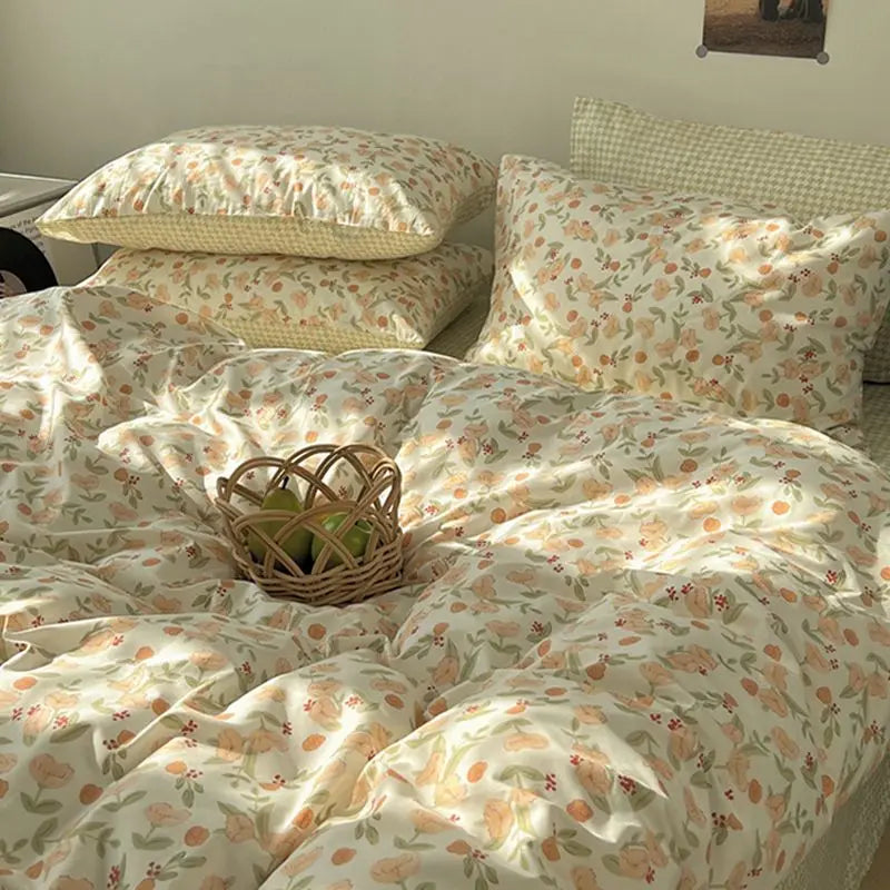 Ihomed Pastoral Style Bedding Set Soft Duvet Cover Floral Bedclothes Pillowcases Flat Sheets Single Double Queen Size Girls Bedspread