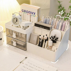 Ihomed Desktop Transparent Cosmetics Storage Box Desktop Organizer with Drawers Pen Holder Stationary Storage Rack for Office Desks