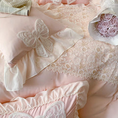 Ihomed Korean Princess Bedding Set Coquette Lace Bow  Beauty Solid Color Lace Ruffle Comforter Sets Luxury Girls Wedding  Duvet Cover