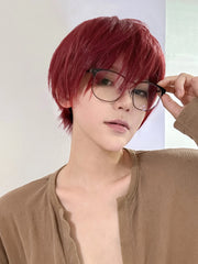 Ihomed 8Inch Wine Red Color Handsome Synthetic Wigs With Bang Short Straight Hair Wig For Man or Women Daily Use Cosplay Heat Resistant