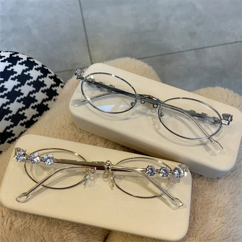 Ihomed Y2K Metal Oval Shades Women Men Rhinestone Diamonds Sunglasses 2024 Unisex Bling Eyeglasses Frames Uv400 Fashion Eyewear Glasses