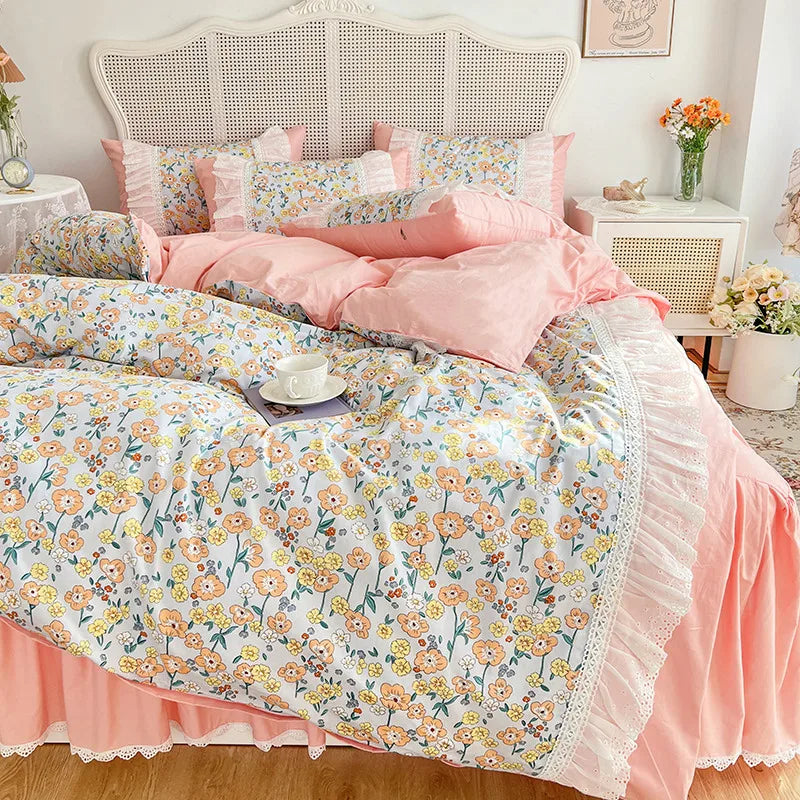 Ihomed Korean Floral Bed Sheet Set For Girls 100% Cotton Princess Ruffles Bedclothes Duvet Cover Pillowcase Bed Skirt King Home Textile