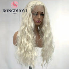 Ihomed Platinum Blonde Long Curly Synthetic Lace Front Wig Natural Wavy Deep Wave White Blond Colored Hair 13X4 Frontal Wigs for Women