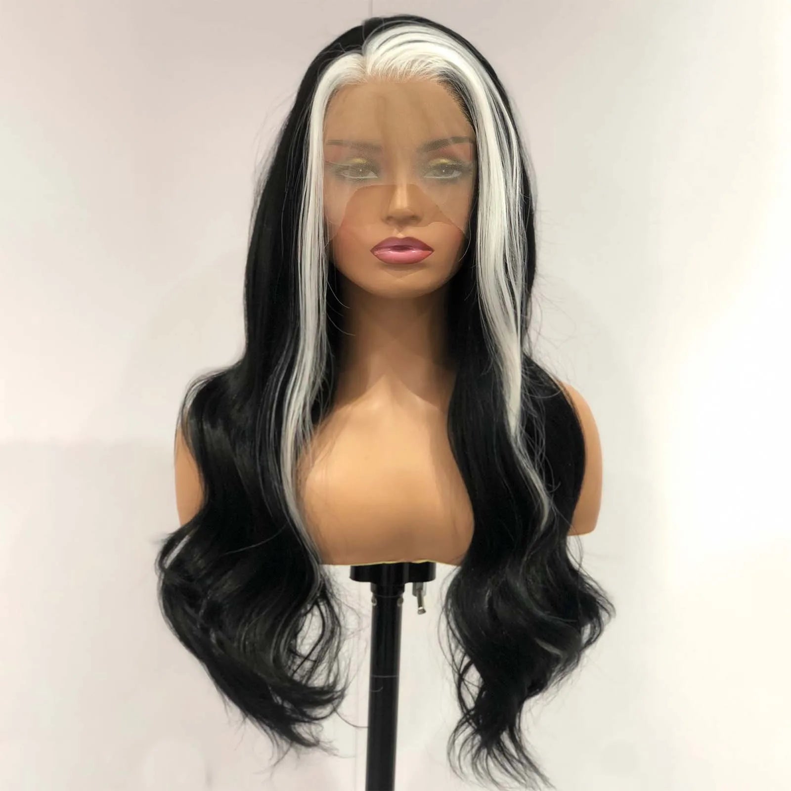 Ihomed Black White Highlight Wig Synthetic Lace Front Wig Long Curly Natural Wavy Colored Body Wave 13X4 Lace Frontal Wigs for Women