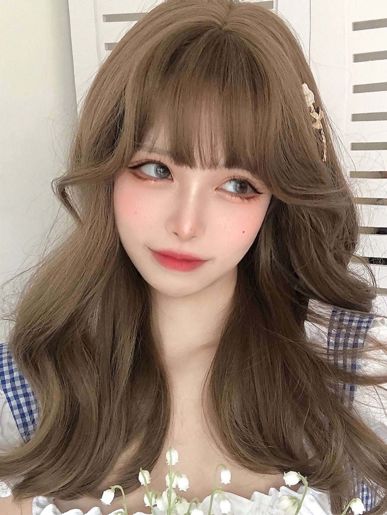 Ihomed 20Inch Honey Brown Lolita Synthetic Wigs with Bangs Long Natural Wavy Hair Wig for Women Daily Use Cosplay Drag Heat Resistant