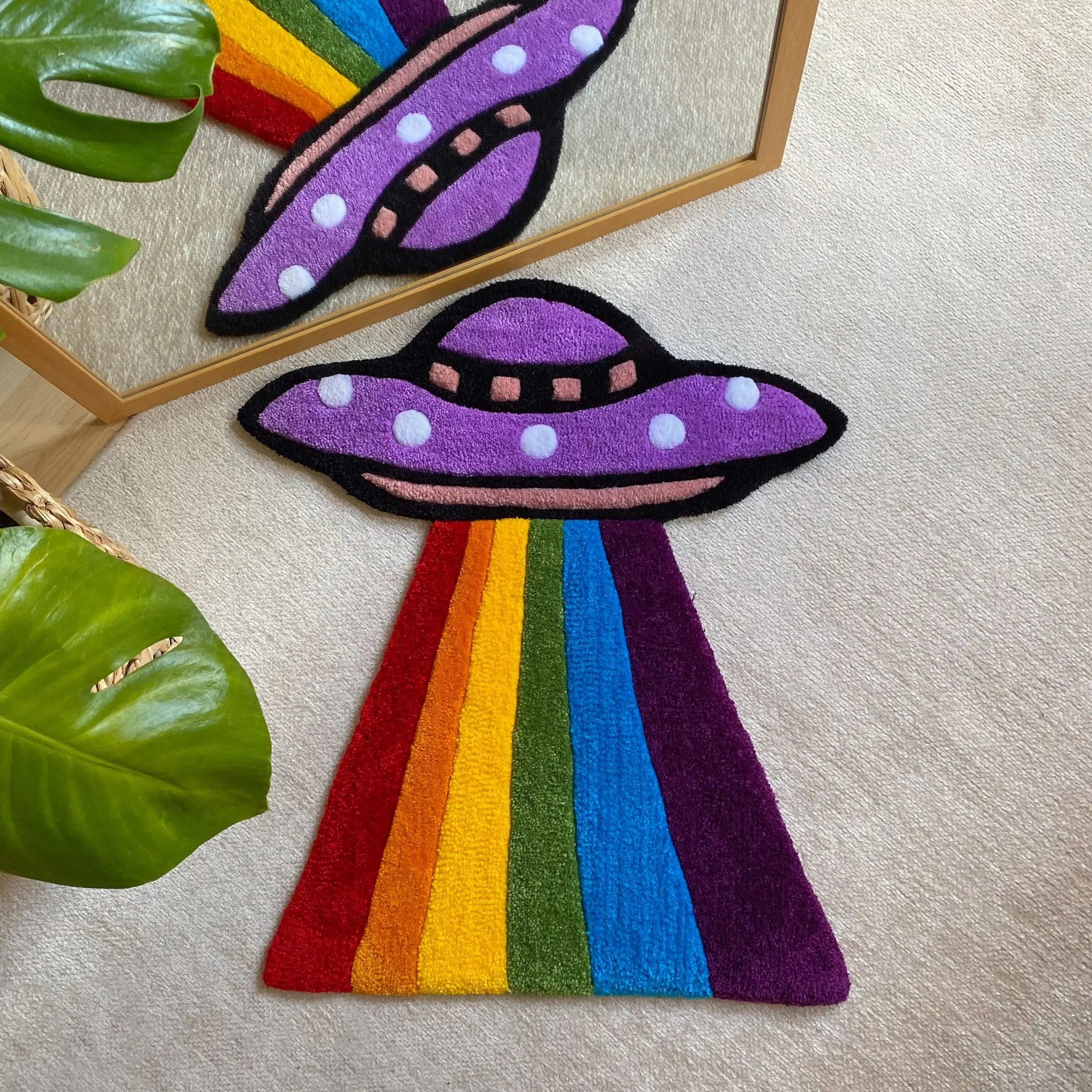 Ihomed Rainbow Soft Flannel Digital Printing Craft UFO Funny Rug Tapestry Decoration Home Cartoon Non-slip Carpet Housewarming Gift