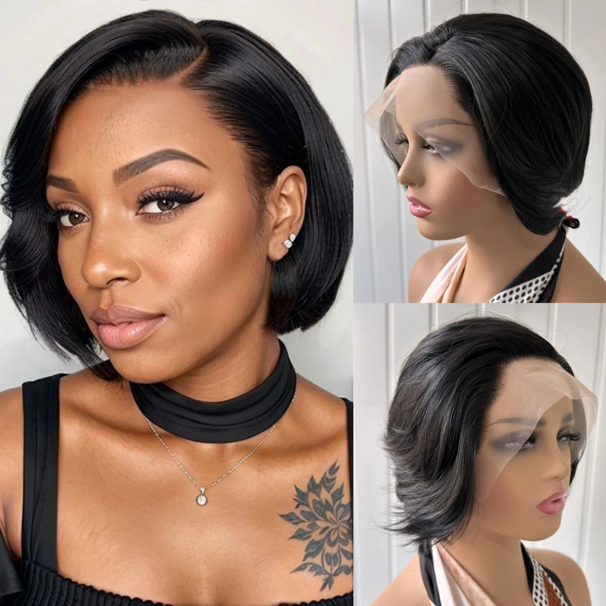 Ihomed Pixie Cut Wig Jet Black Straight Short Cut Bob Synthetic Lace Front Wig Glueless Layered Hair Frontal Lace Wigs for Women