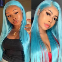 Ihomed Blue Wig Long Straight Synthetic Lace Front Wig Glueless Ready to Wear Cosplay Party Light Blue Hair Lace Frontal Wigs for Women