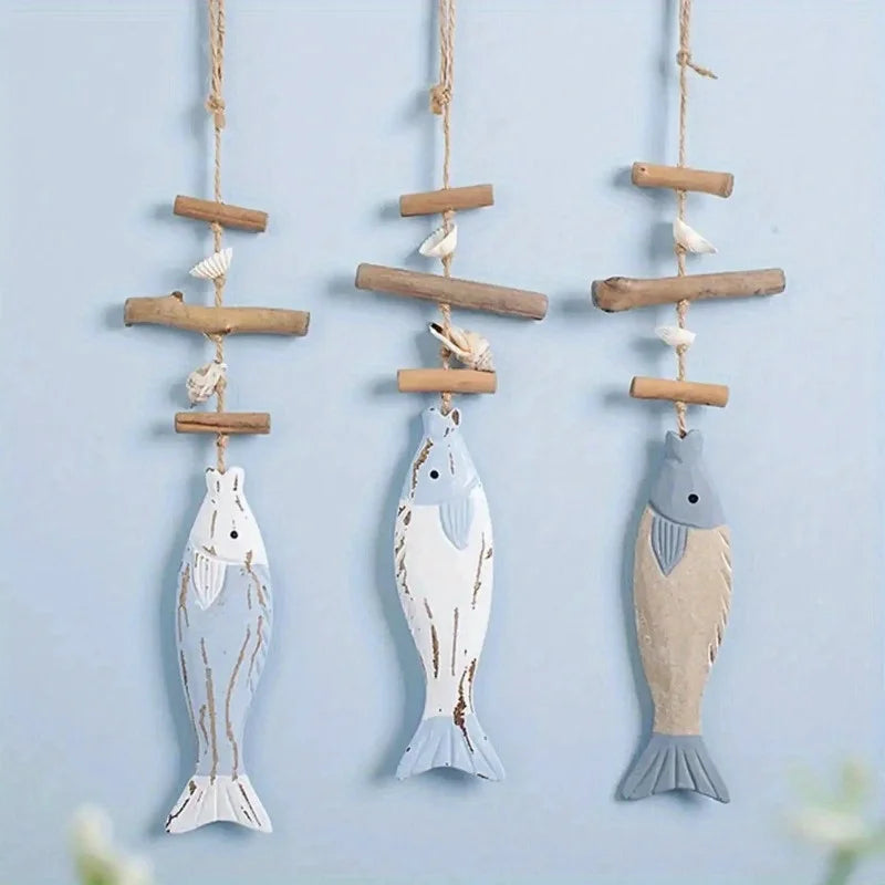 Ihomed 1PC Fish String Wooden Fish Sea Pendant for Decor Fish Skewers Wood Carving Pendant Fish Hanging Decor