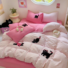 Ihomed Cartoon Kawaii Cat Bedding Set Purple Duvet Cover Flat Sheet Pillowcase Kids Girls Bed Linen Bedspread Full Twin Size NO Filling