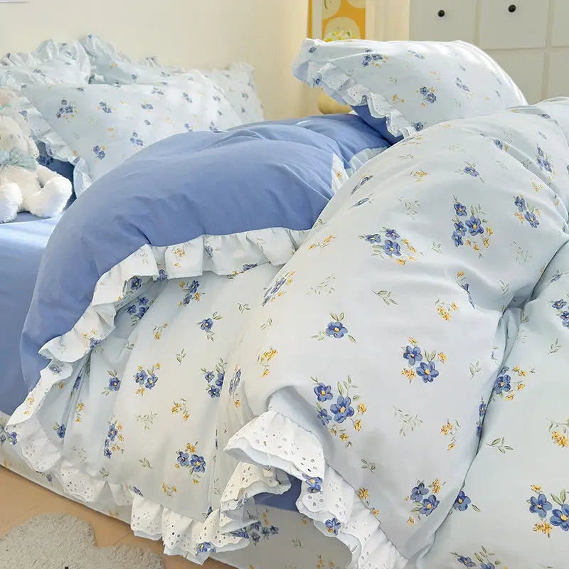 Ihomed Ins Style Floral Duvet Cover Set Flat Sheet Pillowcases No Filling Queen 200x230cm Romantic Girls Blue Bedding Flower Bed Linens