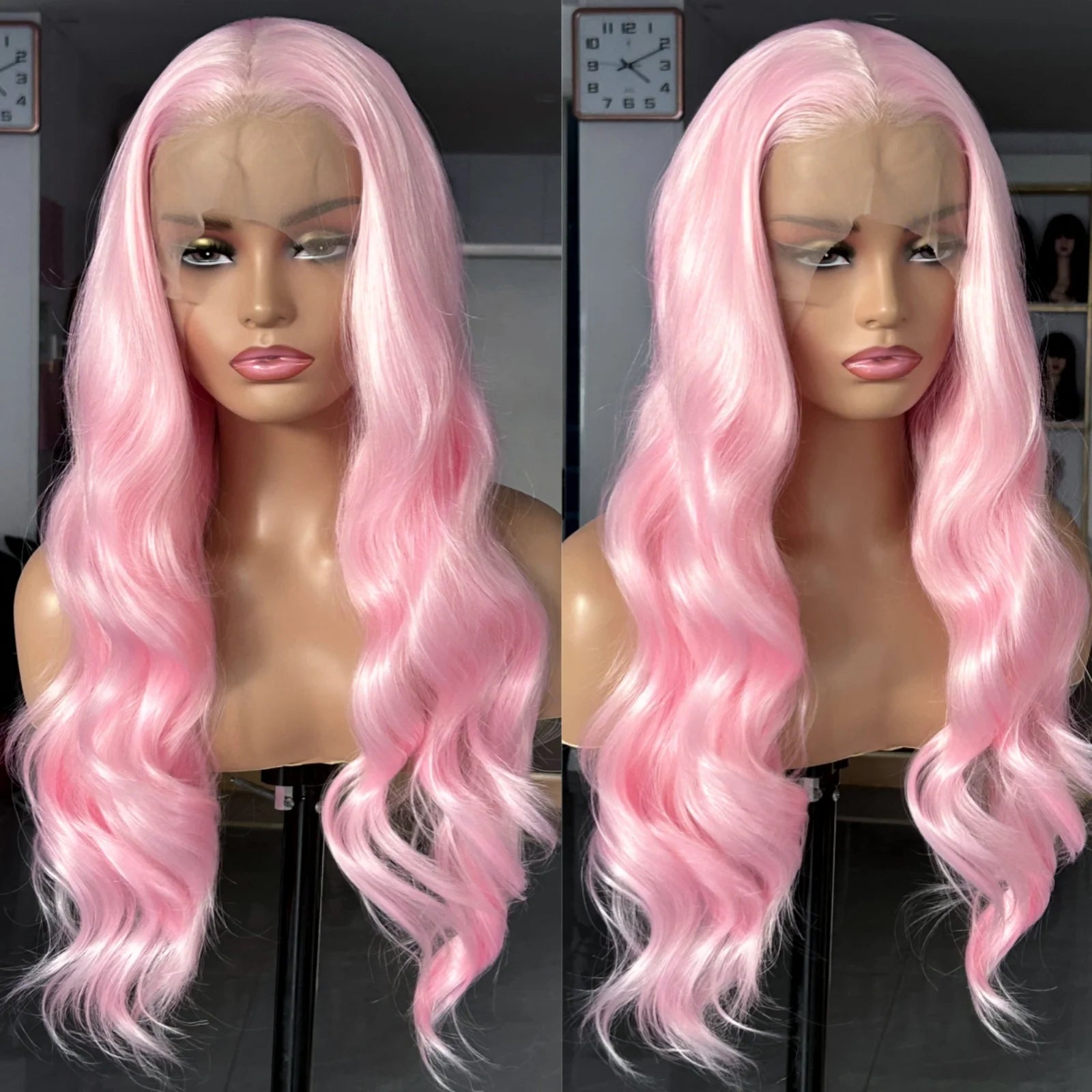 Ihomed Long Wavy Hair Light Pink Synthetic Lace Front Wig Natural Loose Body Wave Frontal Pastel Pink Colored 13X4 Curly Wigs for Women