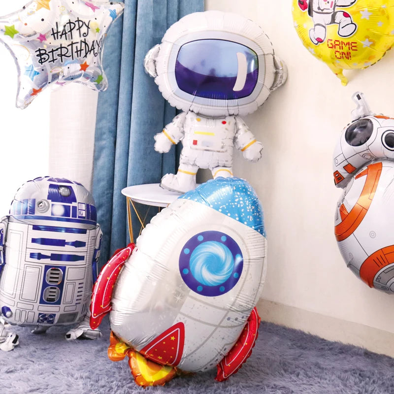 Ihomed 10pcs Astronaut Rocket Number Foil Balloons Happy Birthday Party Decorations Kids Boy 1 2 3 4 5 6 7 8 9 Year Old Space Supplies