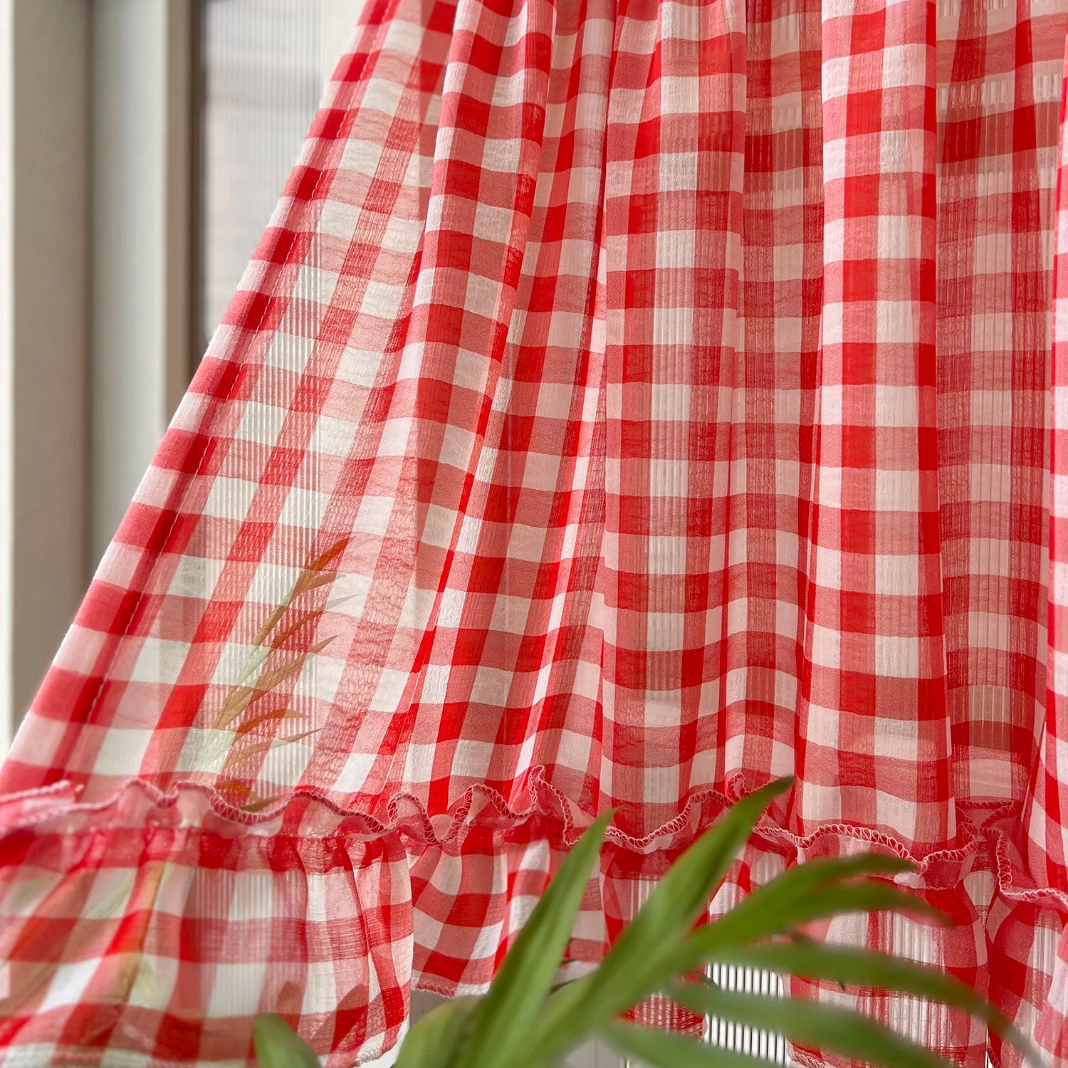 Ihomed Classic Red Plaid Ruffle Short Curtain Sheer For Kitchen Retro Soft Tulle Curtains For Bedroom Small Window Coffee Half-curtain