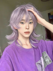 Ihomed 16Inch Purple Pink Color Handsome Synthetic Wig With Bang Medium Natural Wavy Hair Wig for Man or Women Cosplay Heat Resistant