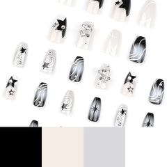 Ihomed 24pcs Punk Fake Nails Heavy Metal Sliver Bead Black Star Design False Nail Patch Wearable y2k Cool Girl Style Press on Nails