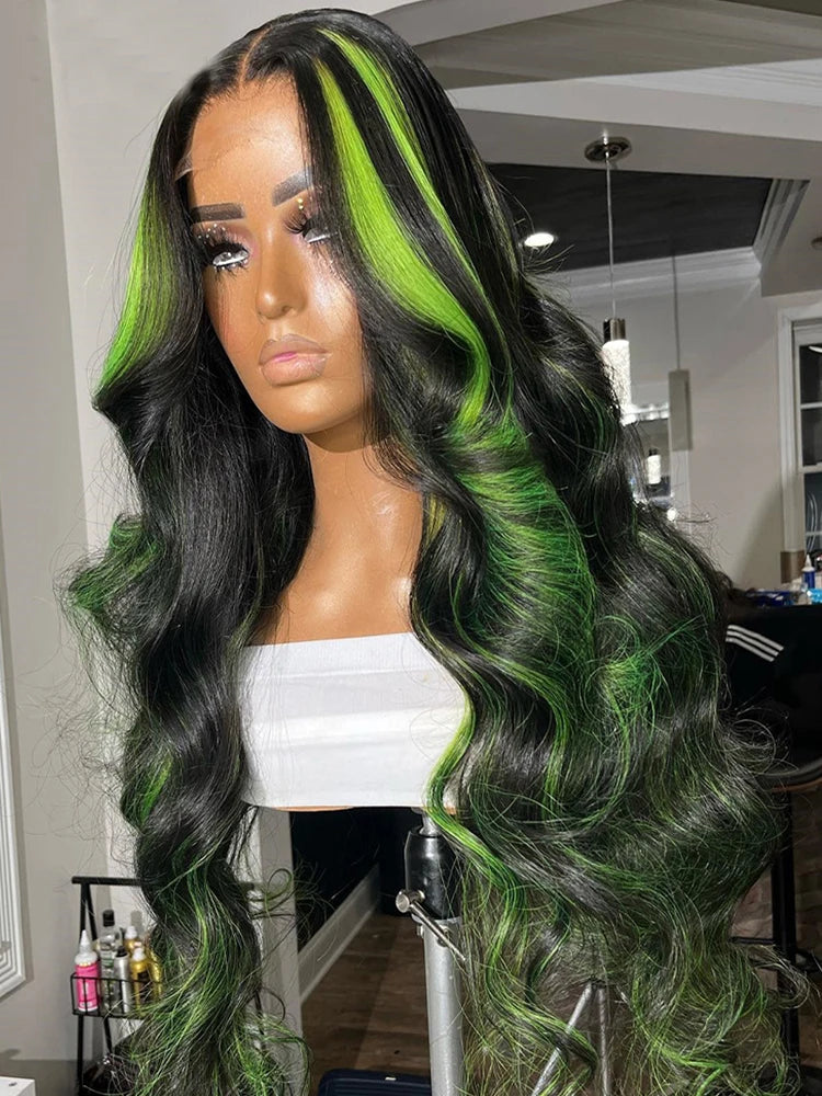 Ihomed Highlight Green Lace Front Human Hair Wigs 38 Inch Ombre Colored Body Wave Lace Front Wig Remy Human Hair HD Lace Frontal Wig