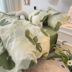 Ihomed INS Tulip Bedding Set Green Floral Duvet Cover Queen Full Twin Size Flat Bed Sheet Floral Pillowcase Girls Bed Linen NO Filling