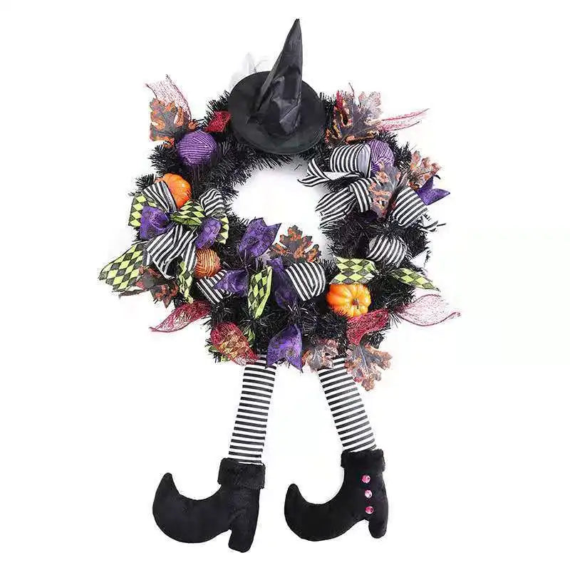 Ihomed Halloween Wreath Long Legged Witch Wall Hanging Front Door Decorative Indoor Outdoor Decoration Pendant