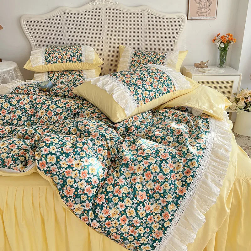 Ihomed Korean Floral Bed Sheet Set For Girls 100% Cotton Princess Ruffles Bedclothes Duvet Cover Pillowcase Bed Skirt King Home Textile