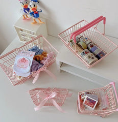 Ihomed Ins Cute Pink Trolley Shopping Basket Storage Toy Creative Mini Kawaii Desktop Decoration Gift Dollhouse Furniture Accessories