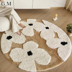 Ihomed Nordic Flowers Flocked Round Rugs Living Room Fluffy Area Rug Bedroom Bedside Anti-Slip Carpet Tufted Soft Floor Mat Home Decor