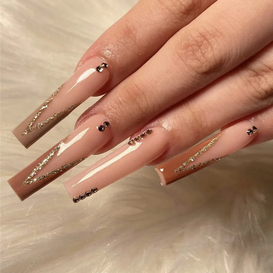 Ihomed 24Pcs Glitter Ballet False Nails Long Coffin Fake Nails with Flower Design Gold Powder French Press on Nails DIY Manicure Tips