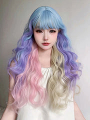 Ihomed 28Inch Blue Pink Purple Blonde Mix Color Synthetic Magic Wigs With Bang Long Natural Wavy Hair Wig For Women Cos Heat Resistant