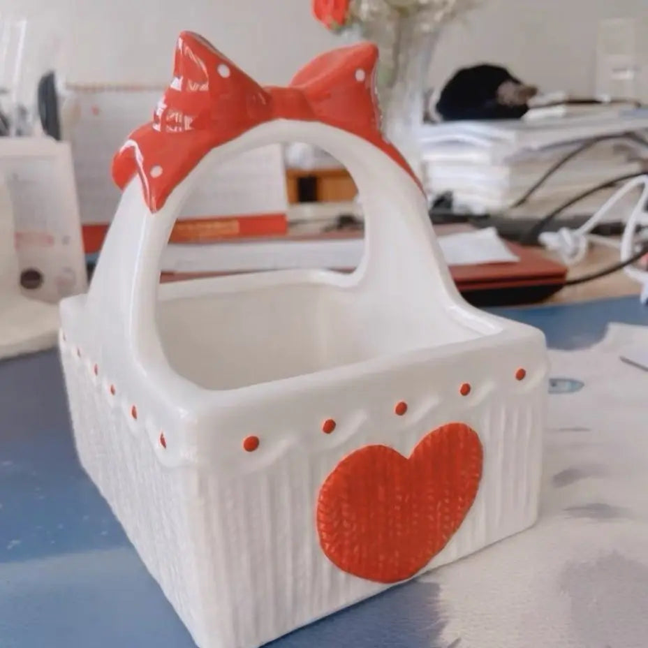 Ihomed Red Ceramic Fruit Basket Cute Hand-painted Bow Love Heart Food Snack Hand Basket Bowl Kitchen Acceesories Christmas Decorations