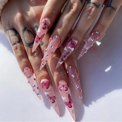 Ihomed 24Pcs Wearable Fake Nails Pink Long Almond False Nails with Butterfly Design Full Cover Nail Tips Stiletto Nails Set Press On