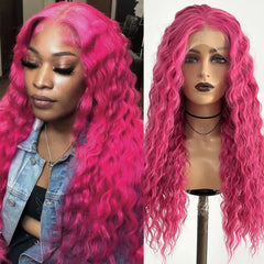 Ihomed Hot Pink Wig Deep Wave Synthetic Lace Front Wig Glueless Natural Hairline Rose Red Long Curly Hair Lace Frontal Wigs for Women